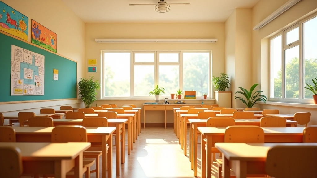 Primary school classroom with colorful educational materials and student work on walls