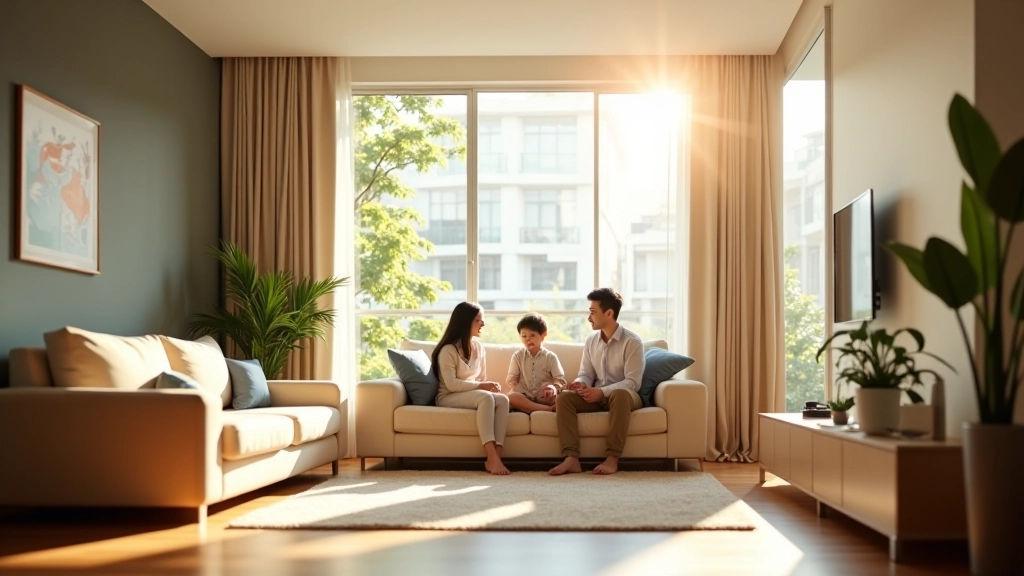 Modern three-bedroom apartment living room with family enjoying time together