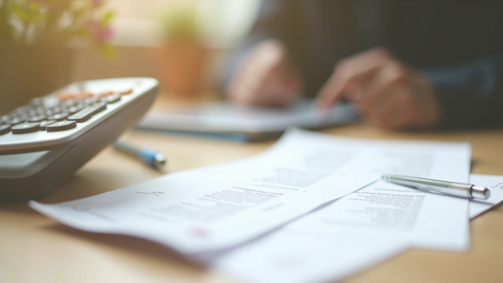 Calculator and utility bills spread on table with notepad and pen for budgeting