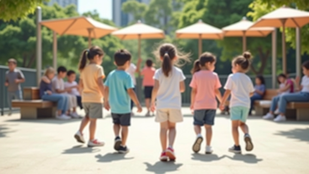 Children playing on neighborhood playground with diverse group of kids and parents supervising nearby
