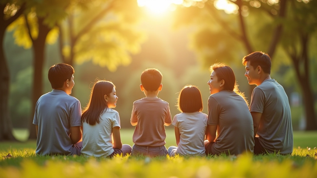 Group of diverse parents and children gathered in neighborhood park during late afternoon golden hour, sitting on benches and grass
