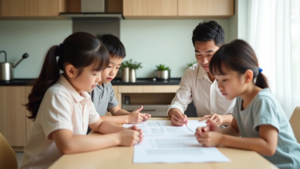 Family reviewing apartment documents and lease agreement at kitchen table