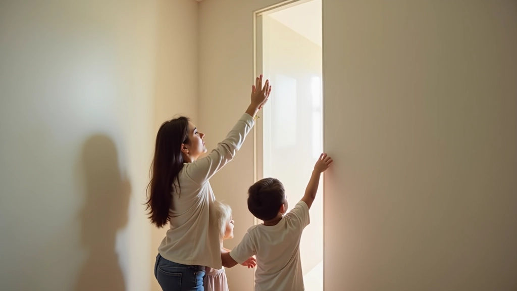 Family walking through empty three-bedroom apartment, inspecting walls and windows