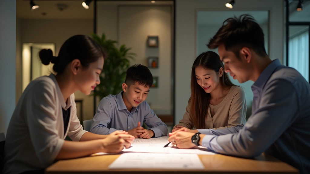 Young family reviewing apartment details and checklist documents in consultation meeting