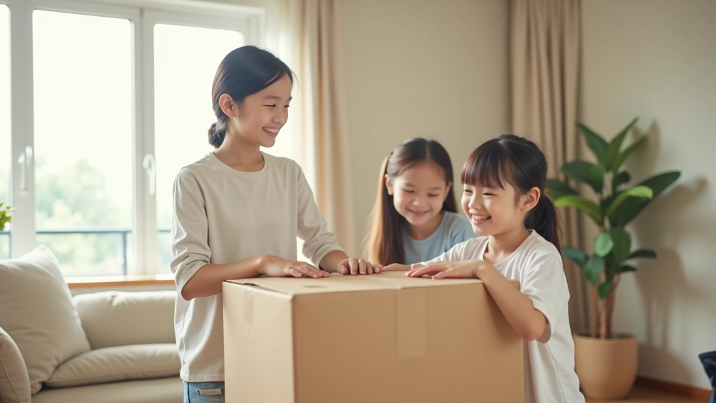 Family unpacking boxes in bright modern living room with natural light streaming through large windows