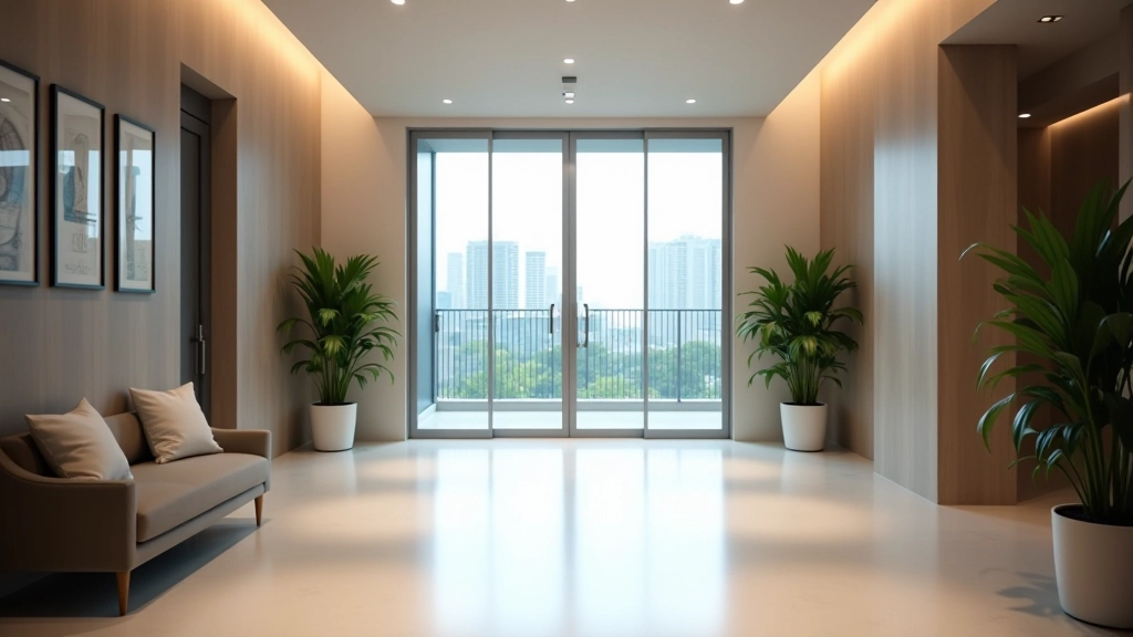 Bright modern apartment building lobby with seating area and glass doors, welcoming entrance