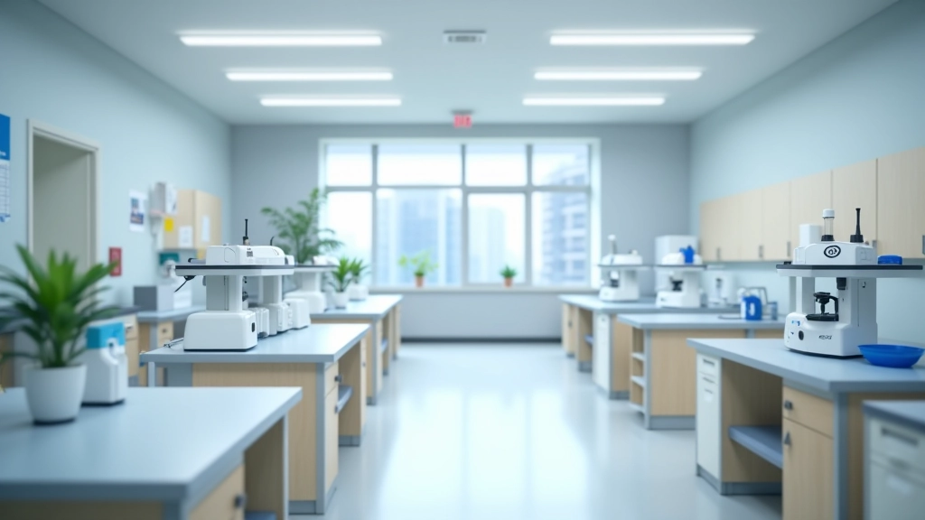 Modern secondary school science laboratory with equipment and student workstations