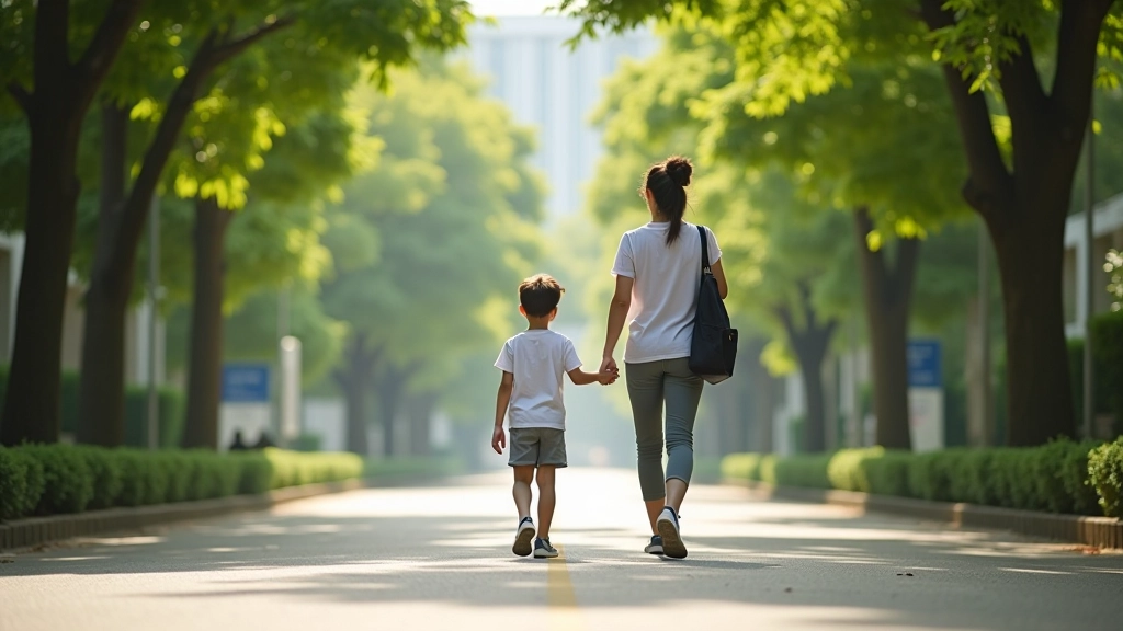 Parent and child walking together on residential street with school buildings visible in distance