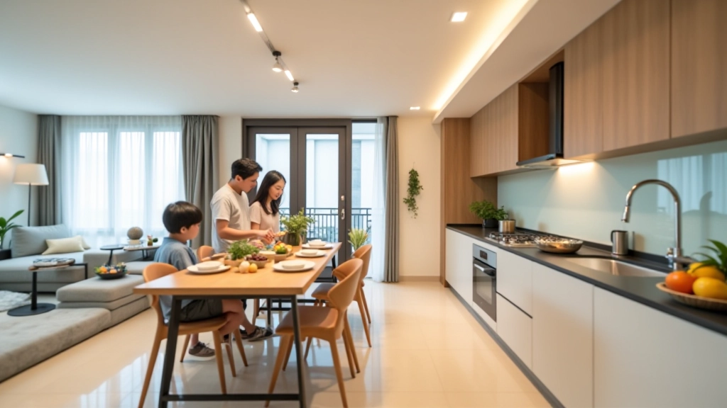 Three-bedroom apartment kitchen and dining area with family preparing meals together
